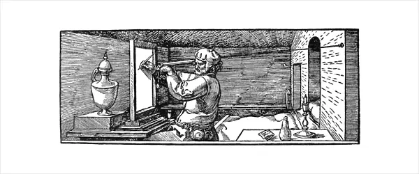 DURER: MEASUREMENT. A man drawing a vessel with the aid of a sight-vane
