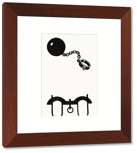 SYMBOLS: SHACKLES. Ball and chain and a yoke, both symbols of bondage. Woodcuts