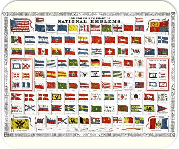 FLAGS, 1868. Johnsons New Chart of National Emblems. Engraving showing national