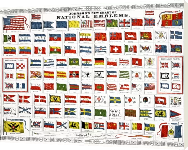 FLAGS, 1868. Johnsons New Chart of National Emblems. Engraving showing national