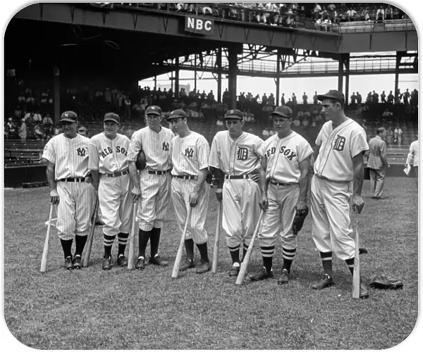 ALL-STAR GAME, 1937. Major League baseball players Lou Gehrig, Joe Cronin, Bill Dickey