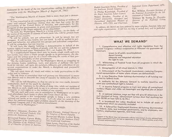 MARCH ON WASHINGTON, 1963. Program of events for the March on Washington at the Lincoln Memorial