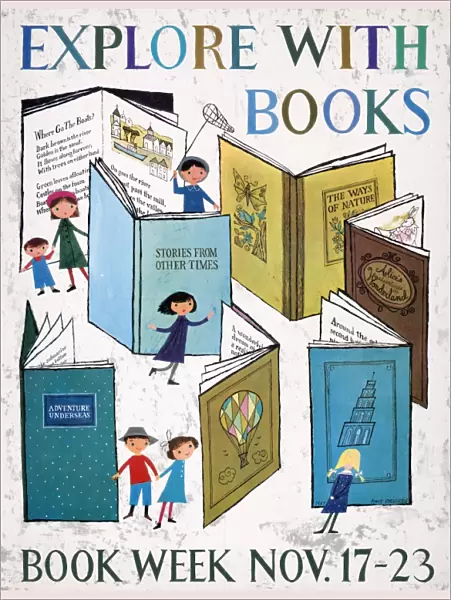 BOOK WEEK, 1957. Explore with books. Lithograph by Alice Provensen, 1957