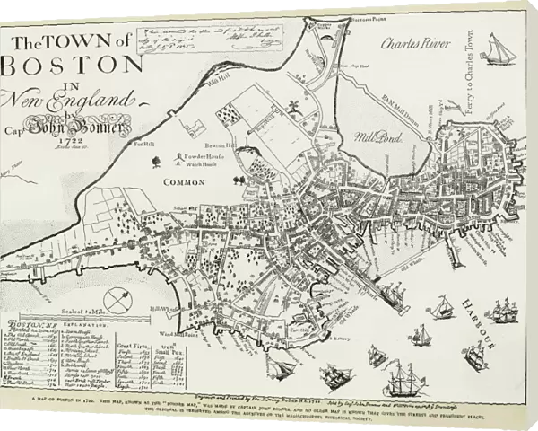 BOSTON MAP, 1722. Engraved facsimile by George G. Smith, 1835, of a map of Boston, Massachusetts, by John Bonner, first printed in 1722, showing changes in the citys topography through 1769