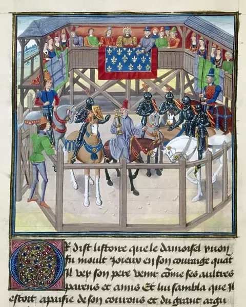 KNIGHTS IN TOURNAMENT. Knights on horseback in a ring at a medieval tournament, one of whom (left) is being presented with a trophy. French manuscript illumination, 15th century