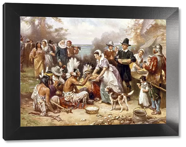 PILGRIMS: THANKSGIVING, 1621. The First Thanksgiving of the Pilgrims, 1621. After a painting by Jean Leon Gerome Ferris
