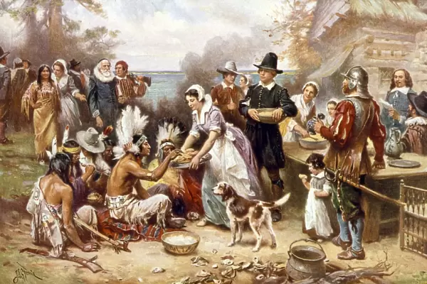 PILGRIMS: THANKSGIVING, 1621. The First Thanksgiving of the Pilgrims, 1621. After a painting by Jean Leon Gerome Ferris