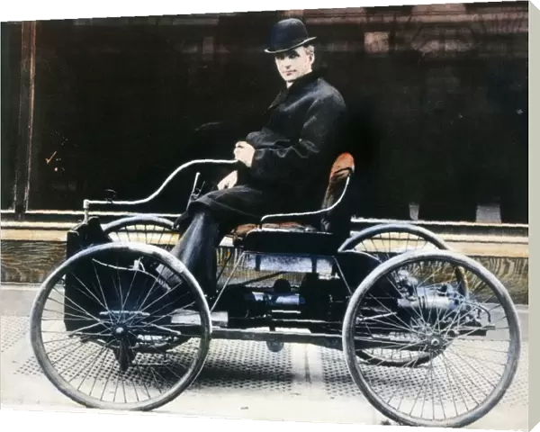 HENRY FORD (1863-1947). American automobile manufacturer. Ford in 1896 with the first Ford automobile. Oil over a photograph