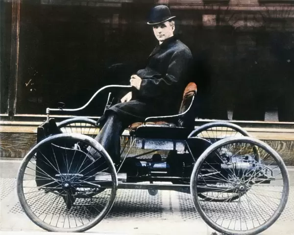 HENRY FORD (1863-1947). American automobile manufacturer. Ford in 1896 with the first Ford automobile. Oil over a photograph