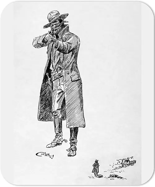 RUSSELL: STAGE ROBBER. A stage robber pointing a shotgun. The vignette in the right corner shows the robber with a treasure box and a dead messenger as the stagecoach drives off. Drawing by Charles M. Russell (1864-1926)
