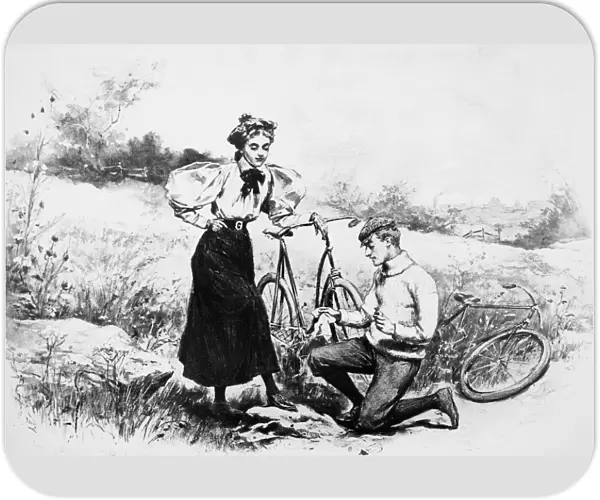 BICYCLING, c1898. American magazine advertisement for Browns shoe dressing, c1898