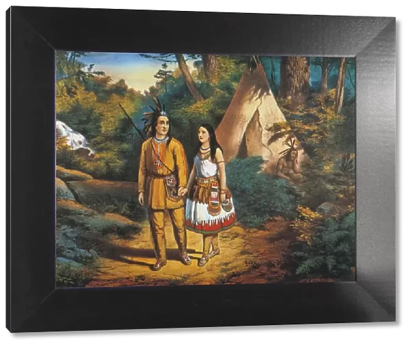 HIAWATHAs WEDDING. The wedding of Hiawatha and Minnehaha. Colored lithograph by Currier & Ives, 1858
