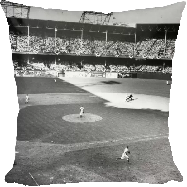 WORLD SERIES, 1941. A view of the action at Ebbets Field in Brooklyn, New York, during Game 3 of the 1941 World Series between the Brooklyn Dodgers (in the field) and the New York Yankees, won by the Yankees 2-1, 4 October 1941