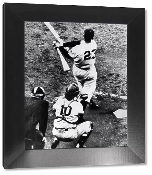 THOMSON HOME RUN, 1951. Bobby Thomson of the New York Giants hitting his pennant-winning home run, the so-called Shot Heard round the World, off of pitcher Ralph Branca of the Brooklyn Dodgers at the Polo Grounds in New York City, 3 October 1951. The Dodgers catcher is Rube Walker and the home plate umpire is Lou Jorda