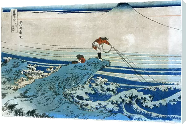 KATSUSHIKA: FISHING, c1834. A man fishing from a rock shaped like a wave, with Mount Fuji in the background. Color woodcut by Hokusai Katsushika, c1834