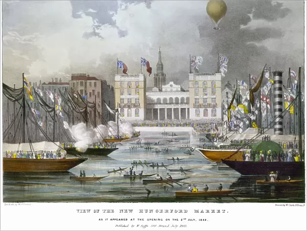 LONDON: MARKET, 1833. The opening of the new Hungerford Market on the Strand in London, England, July 1833, is celebrated on the nearby Thames River and with George and Margaret Grahams balloon ascending from the market. Contemporary English lithograph