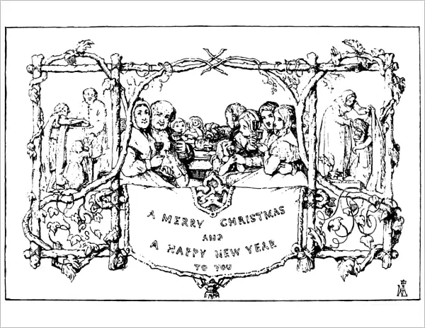 CHRISTMAS CARD, 1843. The first Christmas card, designed for Sir Henry Cole in 1843 by John Calcott Horsley, R. A