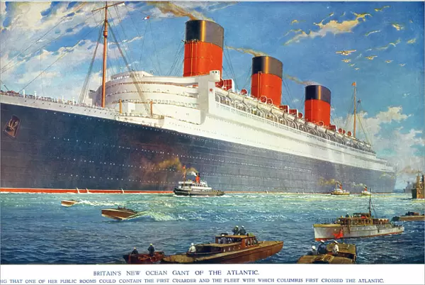 OCEAN LINER QUEEN MARY. The Cunard White Star liner Queen Mary launched in 1934. Painting, 1934, by William McDowell