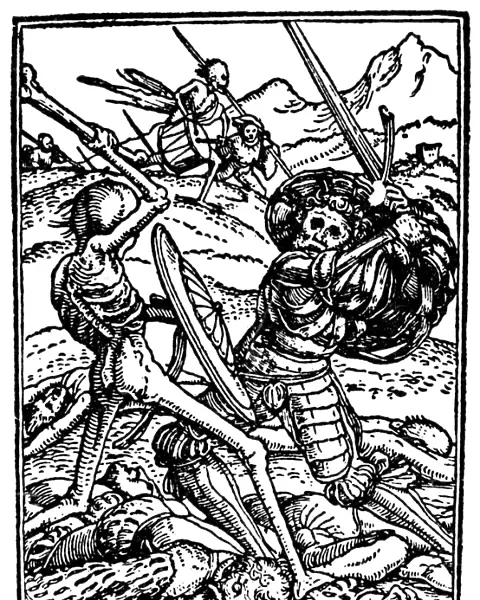 DANCE OF DEATH, 1538. Death and the Soldier. Woodcut by Hans Holbein the Younger, from The Dance of Death, published in 1538