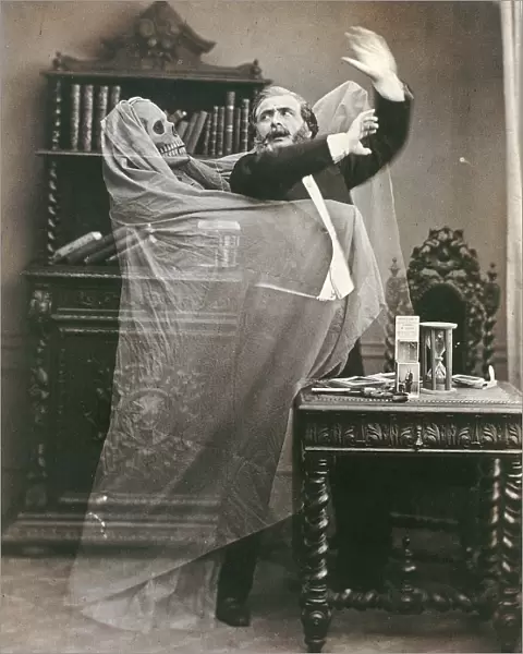 SPIRIT PHOTOGRAPH, 1863. French illusionist Henri Robin with a ghost, in a double exposed publicity photograph by Eugne Thi bault, 1863