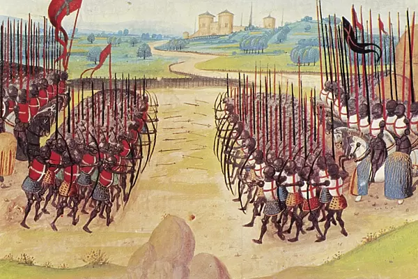 BATTLE OF AGINCOURT, 1415. Battle between the French and English at Agincourt, France, 1415, with archers in the front and cavalry massed behind them. French manuscript illumination, early 15th century