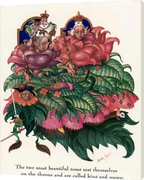 LITTLE IDAs FLOWERS. The two most beautiful roses seat themselves on the throne and are called king and queen. Drawing by Arthur Szyk for the fairy tale by Hans Christian Andersen