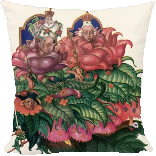 LITTLE IDAs FLOWERS. The two most beautiful roses seat themselves on the throne and are called king and queen. Drawing by Arthur Szyk for the fairy tale by Hans Christian Andersen