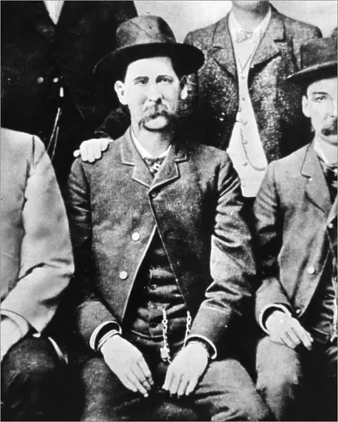 WYATT EARP (1848-1929). American lawman. Detail of Earp from a group photograph of the Dodge City, Kansas, Peace Commission, late 1870s; at right, partially obscured, is Frank McLain
