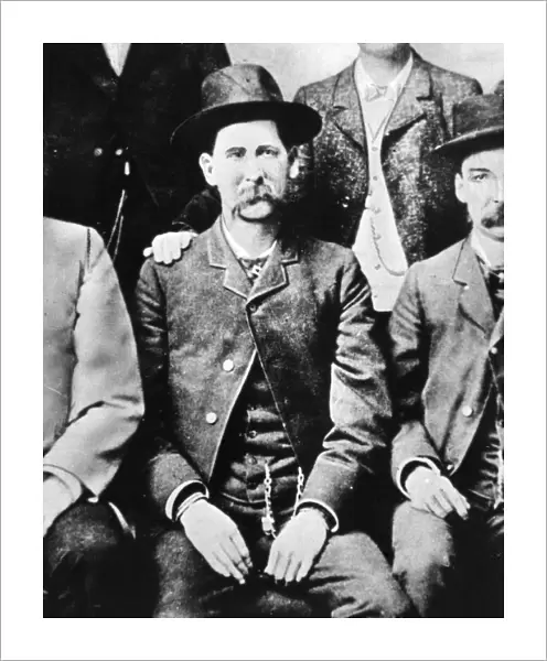 WYATT EARP (1848-1929). American lawman. Detail of Earp from a group photograph of the Dodge City, Kansas, Peace Commission, late 1870s; at right, partially obscured, is Frank McLain