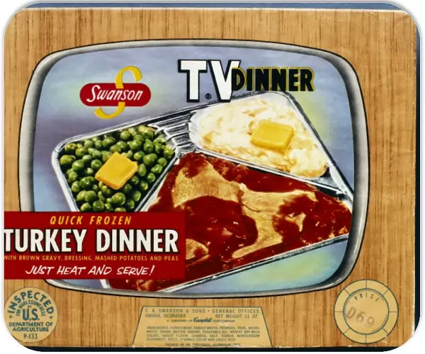 TV DINNER, 1954. Packaging for Swansons turkey TV dinner, 1954, designed to resemble a television set