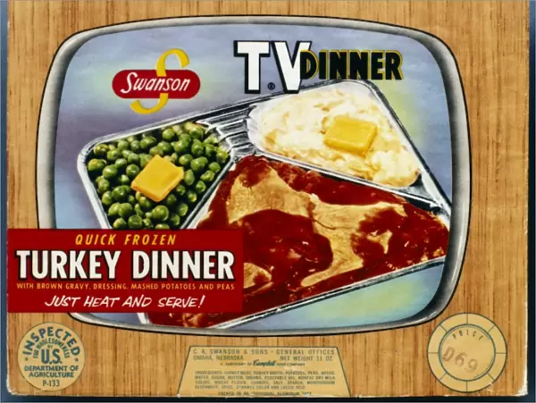 TV DINNER, 1954. Packaging for Swansons turkey TV dinner, 1954, designed to resemble a television set