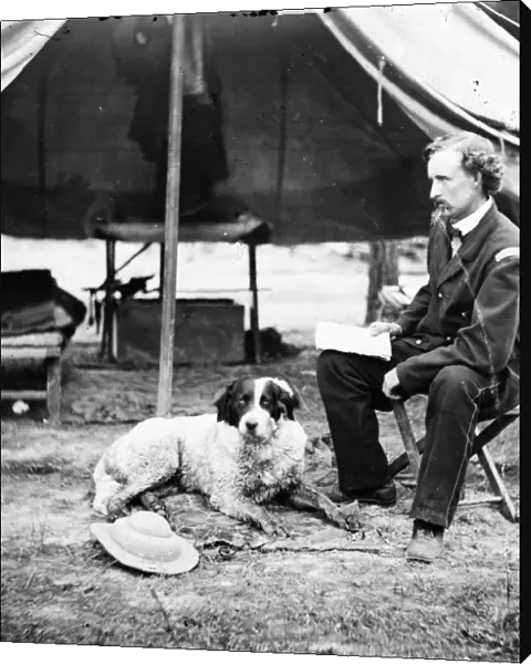 CIVIL WAR: CUSTER, 1862. Lieutenant George A. Custer with a dog at camp in Virginia, 1862