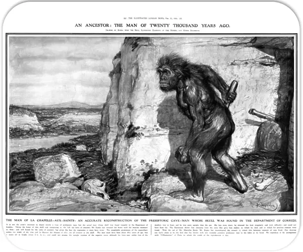 NEANDERTHAL MAN. First reconstruction of a Neanderthal man, from the La Chapelle-aux-Saints Neanderthal skeleton, discovered in France in 1908. Drawing by Frantisek Kupka, with the aid of Marcellin Boule. Published in The Illustrated London News, 27 February 1909