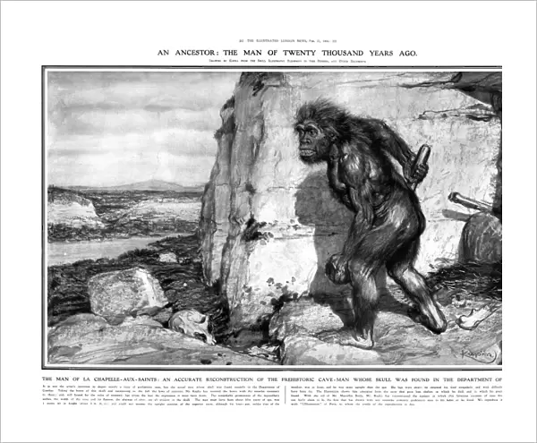 NEANDERTHAL MAN. First reconstruction of a Neanderthal man, from the La Chapelle-aux-Saints Neanderthal skeleton, discovered in France in 1908. Drawing by Frantisek Kupka, with the aid of Marcellin Boule. Published in The Illustrated London News, 27 February 1909