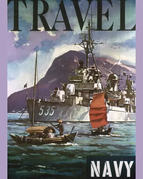 U. S. NAVY TRAVEL POSTER. Travel. Lithograph recruiting poster for the U. S. Navy, probably 1930s