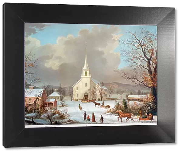 WINTER SCENE, c1875. Winter Sunday in Olden Times. American lithograph, c1875
