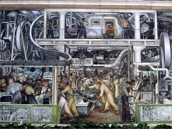 DIEGO RIVERA: DETROIT. Automobile Industry. Large detail of Diego Riveras mural at The Detroit Institute of Arts, 1932-1933