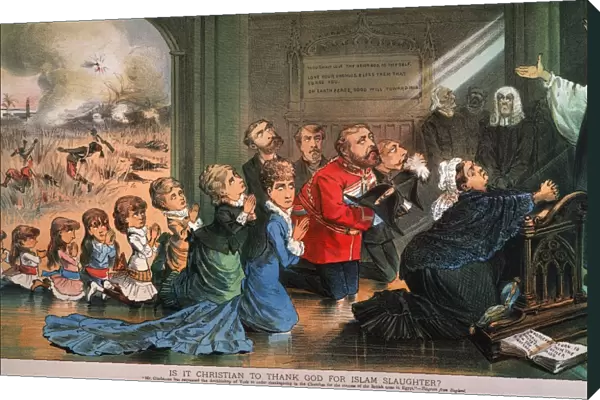 BRITISH IMPERIALISM, 1882. Is it Christian to Thank God for Islam Slaughter?: American cartoon, 1882, showing the British royal family, led by Queen Victoria and the future King Edward VII (center), praying for the success of British occupying troops in Egypt