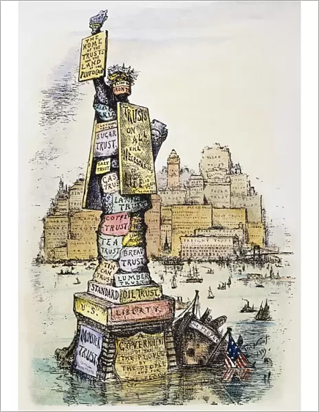 ANTI-TRUST CARTOON, 1889. The Rising of the Usurpers and the Sinking of the Liberties of the People. An 1889 cartoon by Thomas Nast protesting the control exercised over the necessaries of life by the trusts