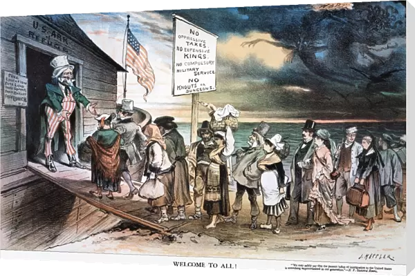 PRO-IMMIGRATION CARTOON. Welcome to All! An 1880 American cartoon by Joseph Keppler in favor of unrestricted immigration