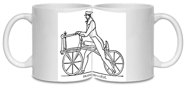 BICYCLING: DRAISINE, 1816. The Draisine, or Pedestrian Curricle, devised, 1816, by Karl von Drais de Sauerbrun. Drawing, 19th century