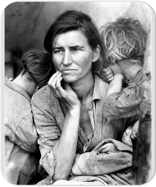 MIGRANT MOTHER, 1936. Florence Thompson, a 32-year-old migrant worker and mother of seven, with her children in a camp for migrant workers in Nipomo, California, 1936. Part of the Migrant Mother series by Dorothea Lange, 1936