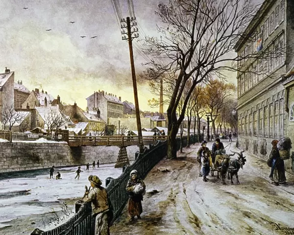 VIENNA: WINTER SCENE, 1888. A winter scene along the Reinprechts Bridge, Vienna: oil on canvas, 1888, by Johann Varone