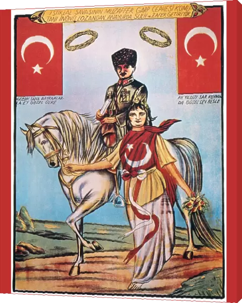 REPUBLIC OF TURKEY: POSTER. The Republic of Turkey symbolized as an unveiled woman, leading the horse of the regimes founder, Mustafa Kemal Ataturk. Poster, c1925
