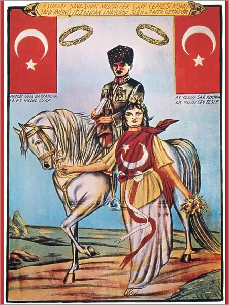 REPUBLIC OF TURKEY: POSTER. The Republic of Turkey symbolized as an unveiled woman, leading the horse of the regimes founder, Mustafa Kemal Ataturk. Poster, c1925