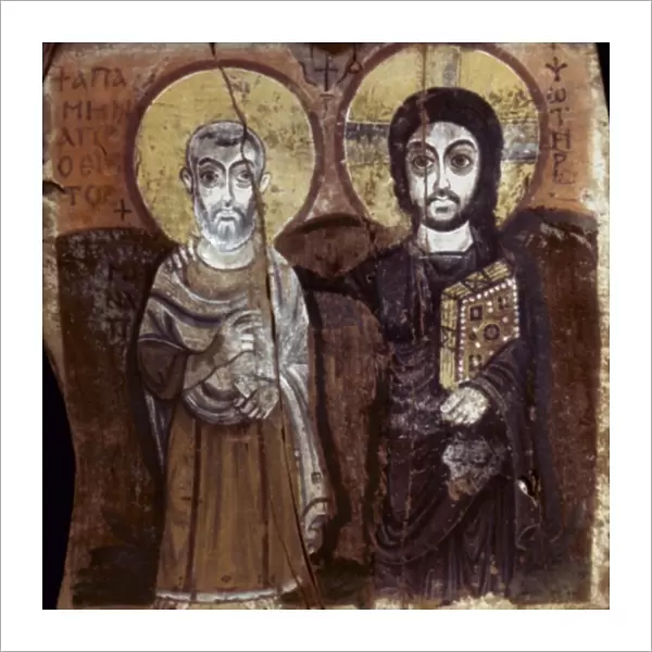 EGYPT: COPTIC ART: CHRIST and abbot Mena. Painting on wood, 7th century A. D