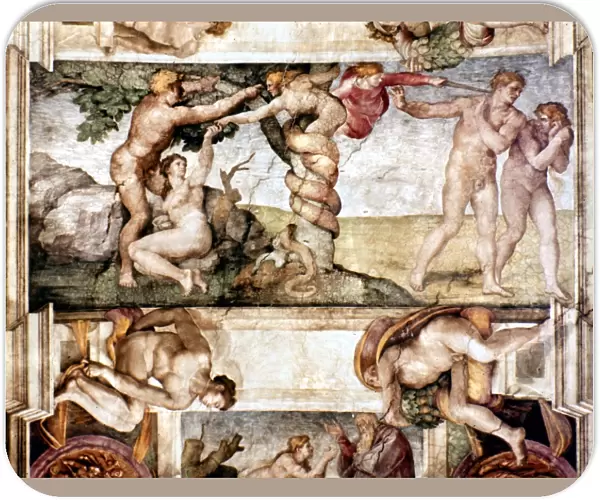 MICHELANGELO: ADAM & EVE. The Temptation and Expulsion. Fresco by Michelangelo from the Sistine Chapel