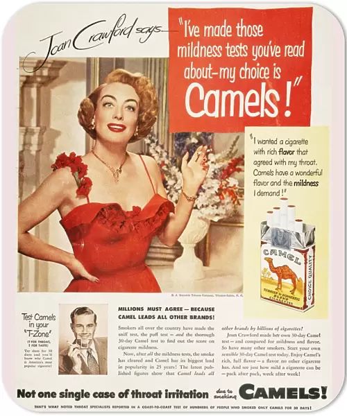 CAMEL CIGARETTE AD, 1951. Actress Joan Crawford endorsing Camel cigarettes. American magazine advertisement, 1951