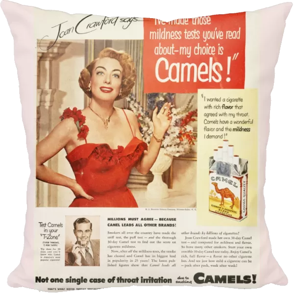 CAMEL CIGARETTE AD, 1951. Actress Joan Crawford endorsing Camel cigarettes. American magazine advertisement, 1951