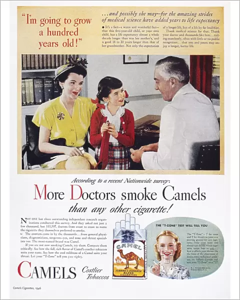 CAMEL CIGARETTE AD, 1946. More Doctors smoke Camels than any other cigarette! Advertisement for Camel cigarettes from an American magazine, 1946